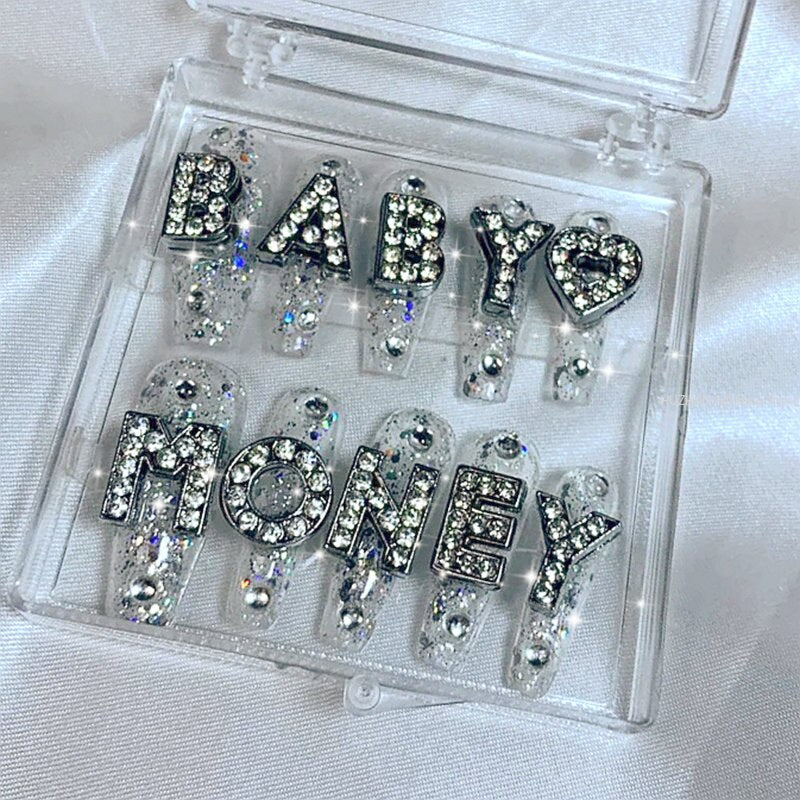 Glittery Rhinestone Press On Nails Y2K Handmade Long Coffin False Nail Set Reusable Fake Nail With Glue Tips Gift
