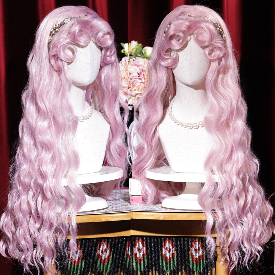 synthesis Long wavy curly girl blonde gradient pink Lolita cosplay curly bangs party wig