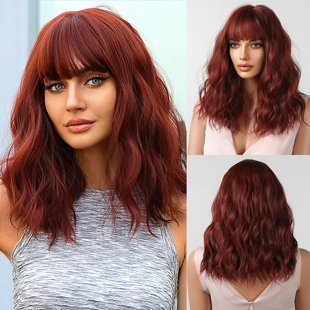 Short Wavy Dark Brown Mixed Golden Wigs with Bangs Black Blonde Bob Synthetic Hair for Women Natural Cosplay Heat Resistant Wig