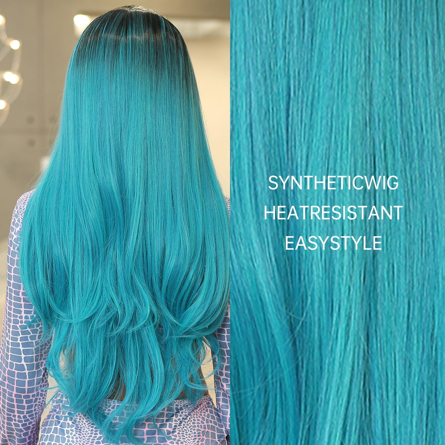 Blue Ombre Long Cosplay Synthetic Wigs with Dark Root Body Wavy Natural Hair Wigs for Woman Halloween Party Use Heat Resistant