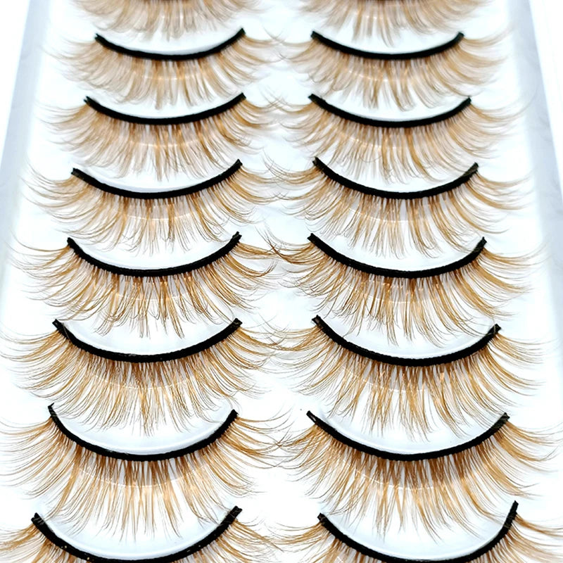 10 Pairs Natural Brown Eyelashes 3D Korea Silk Fiber Colored Blond Lashes Fluffy Cilia