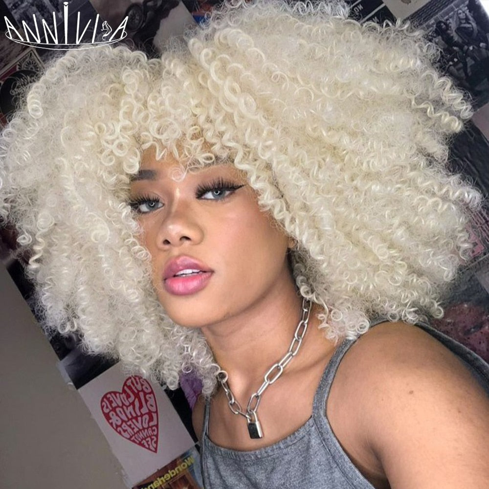 Short Hair Afro Kinky Curly Wigs With Bangs for Black Women Synthetic Ombre Glueless Cosplay Natural Brown Black Pink