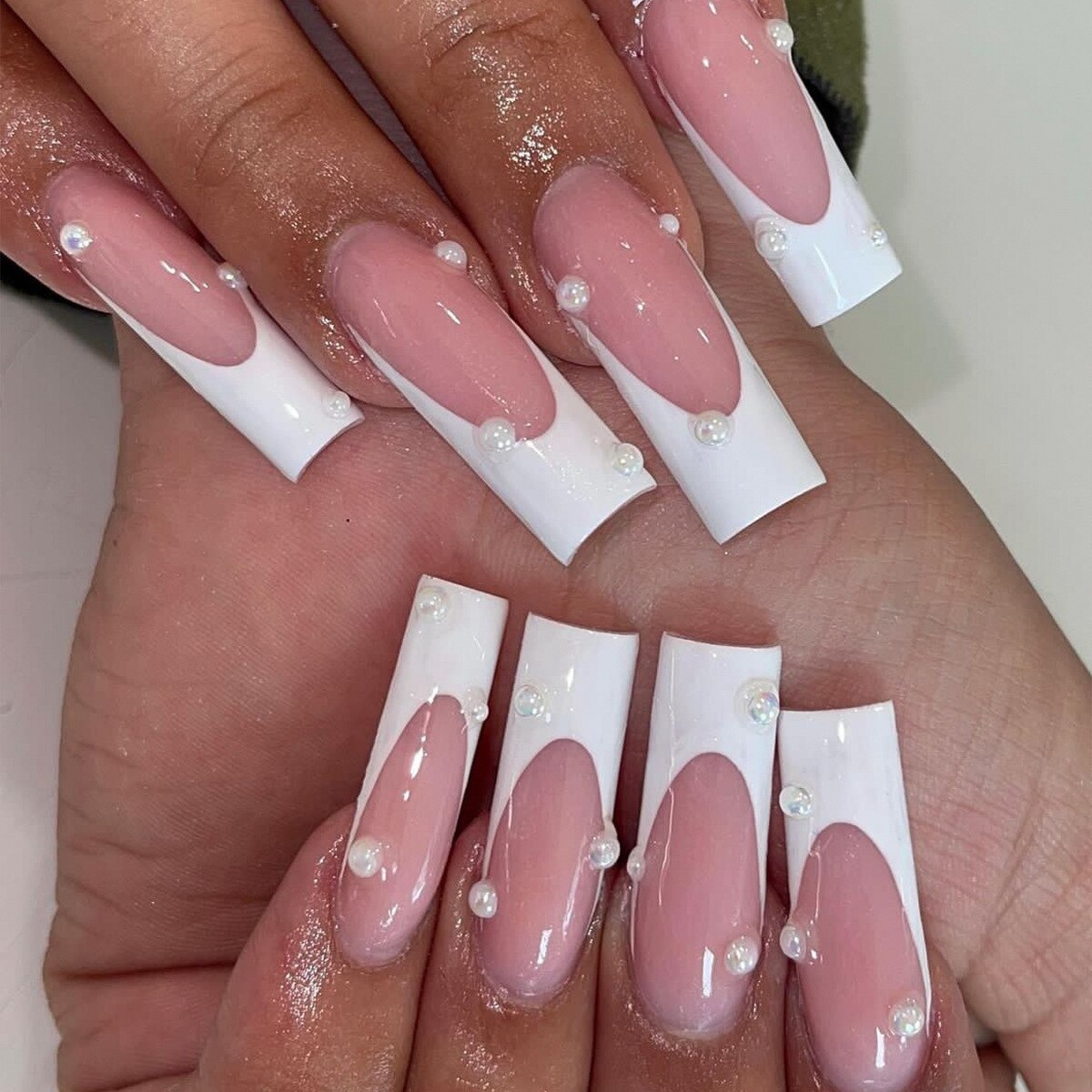 24pcs detachable Extra Long Square head French artificial nails with Diamond acrylic press on nails coffin fake nails with glue
