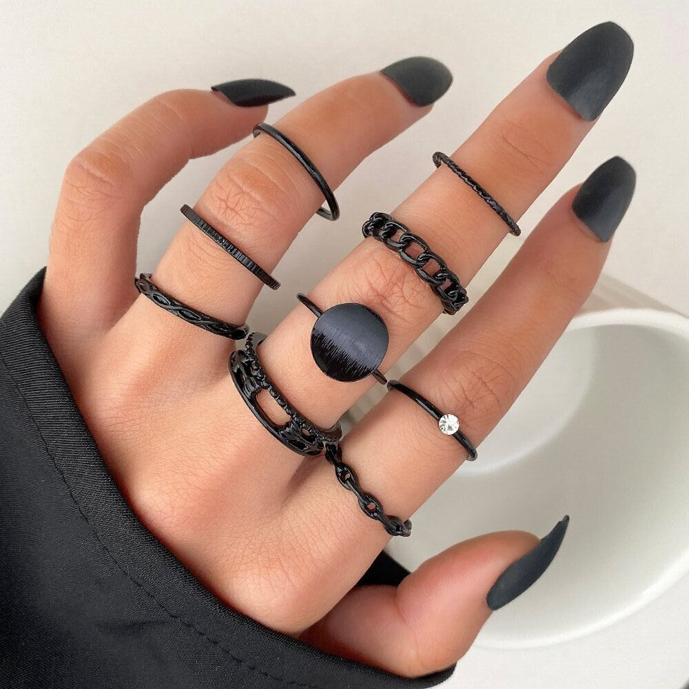 Circle Black Rings Set For Women Vintage Geometric Fried Dough Twists Cross Finger Rings Women Party Jewelry