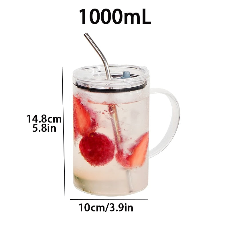 Large Capacity Glass Cup with Lid and Straw Heat-resistant Gift