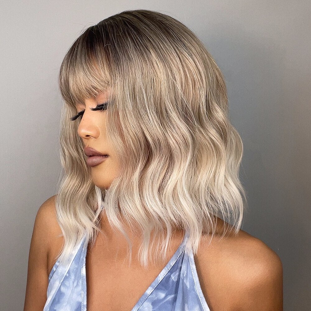 Blobde Ombre Short Bob Synthetic Wavy Wig with Bangs Shoulder Length Wigs for Women Natural Cosplay Hair Heat Resistant