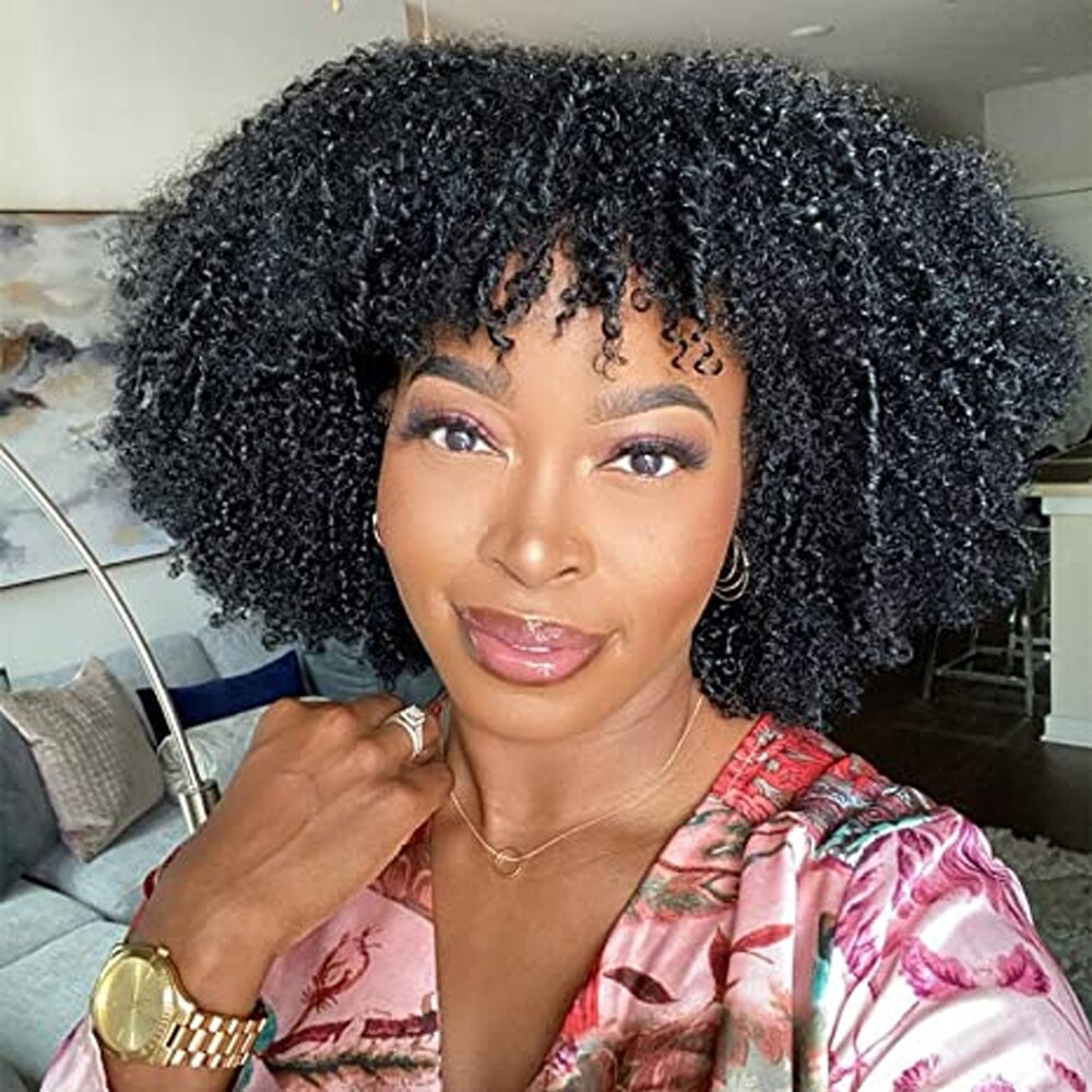 Afro Rose Curly Funmi Wigs with Bang Short Bouncy Curly Bob Wig With Bang Rose Curly Machine Made Human Hair Wig For Black Women