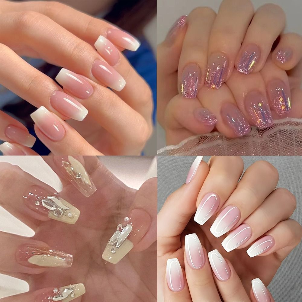 24pcs Long Ballerina French Crystal Aurora Gradient Fake Nails Glitter False Nails Full Cover Press on Nails DIY Detachable
