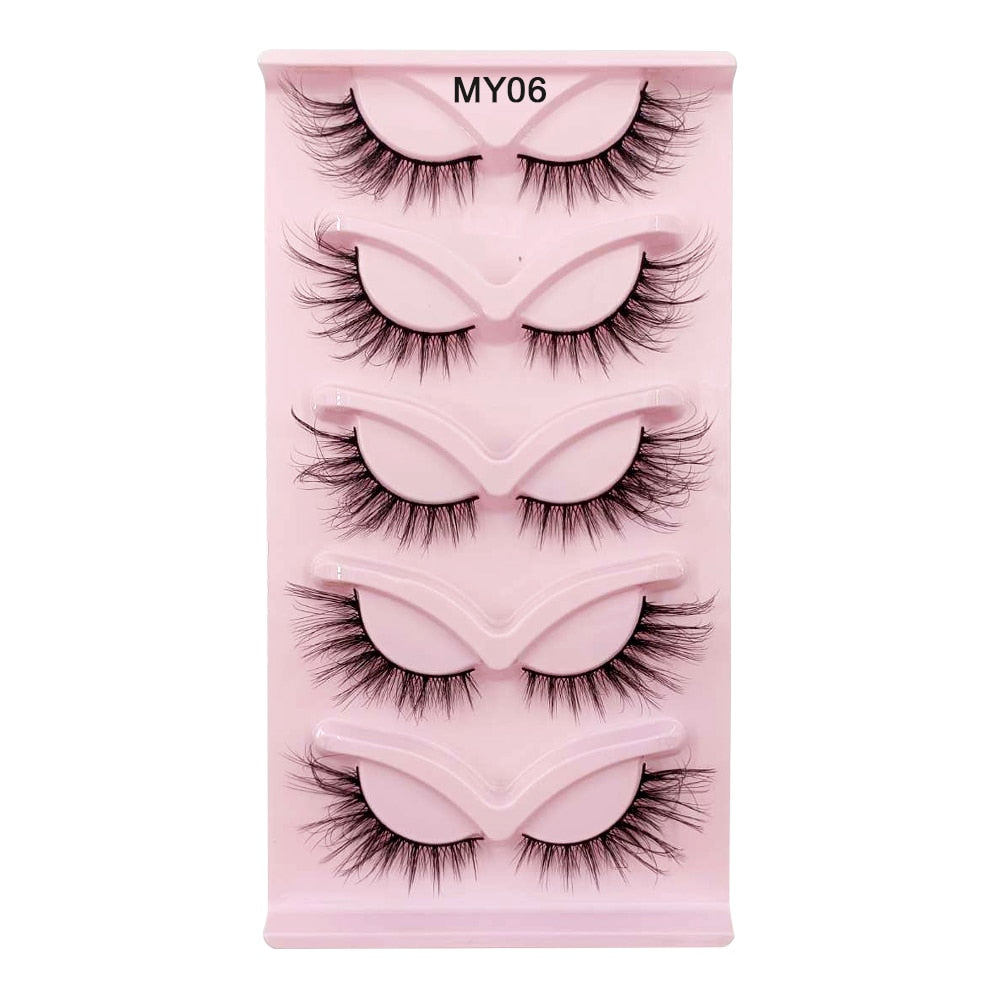 Natural 3D Winged End Eye Elongated False Eyelashes Extensions 5 Pairs Fluffy 5D Cat Eye Faux Mink Lashes Supplies