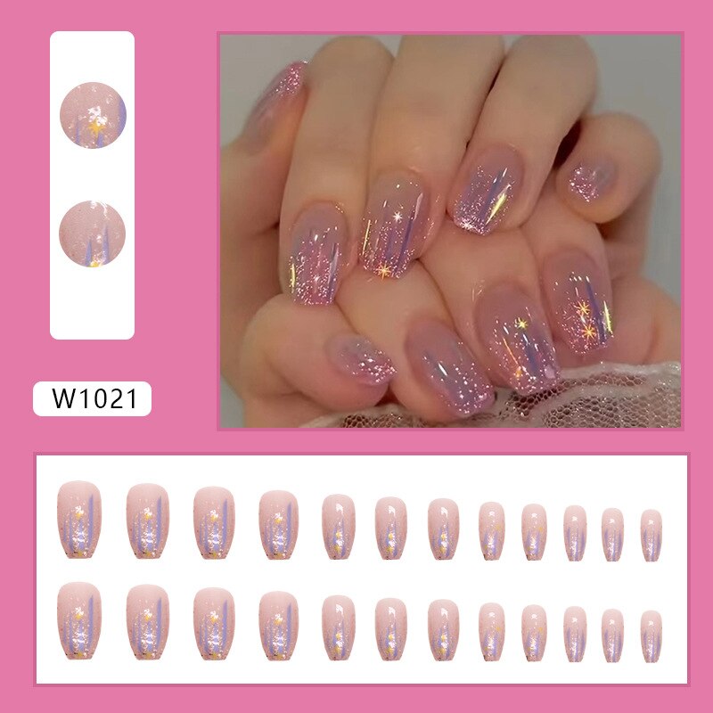 24pcs Wear Nail tips Short Ballet Fake Nails Flash Pink Purple Glitter Aurora French False nail pieces Press On Nails