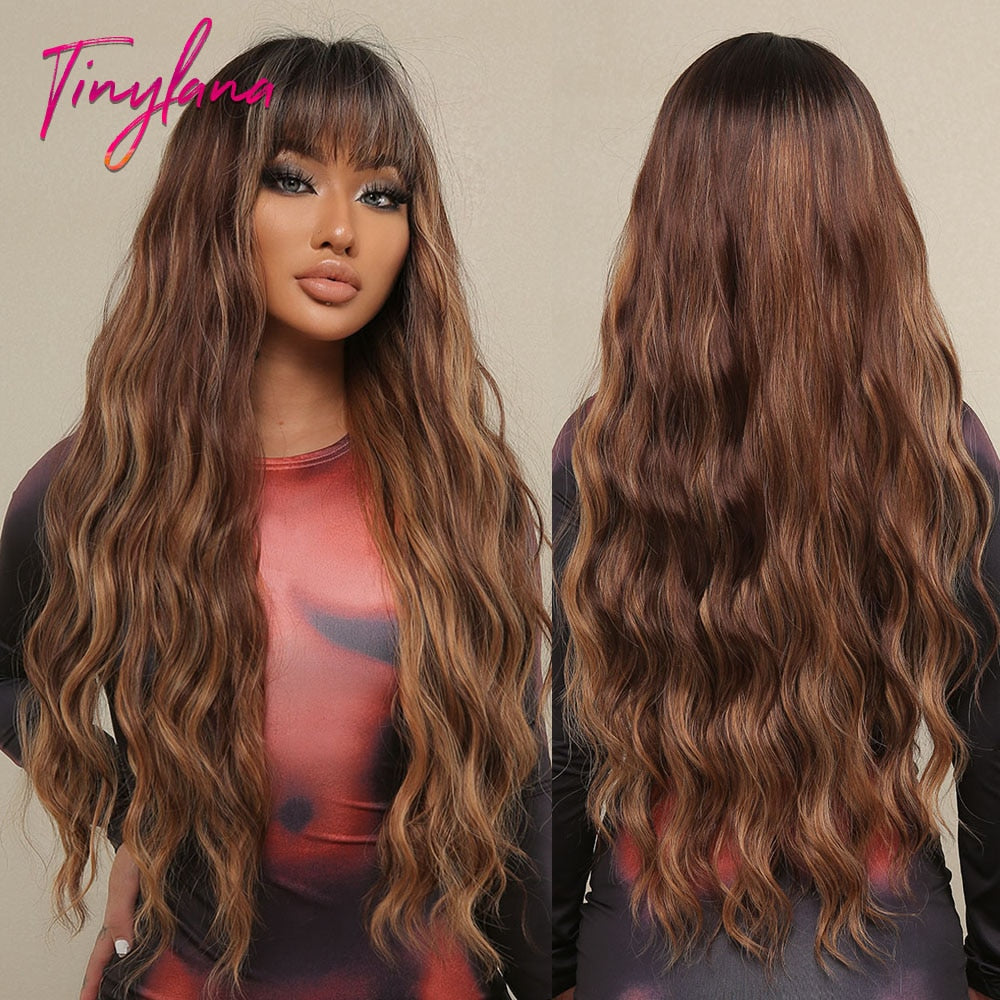 Purple Pink Long Wavy Synthetic Wig with Bangs Cosplay Christmas Halloween Hair Two Tone Ombre Wig For Women Heat Resistant