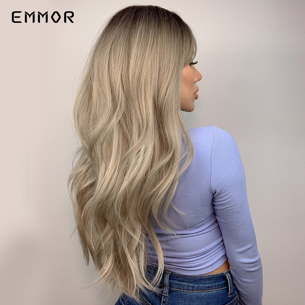 Synthetic Long Wavy Wigs with Bangs Cosplay Natural Ombre Brown to Ash Brown Hair for Women High Temperature Fiber Wig