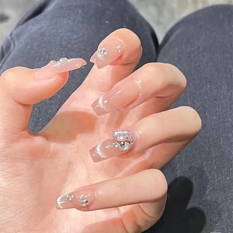 Medium Length Fake Nails 3D Flower Pearl Designs Nude Pink Color Press on Nails Ballerina False Nails for Women DIY Manicure