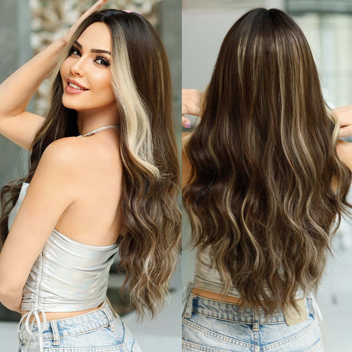 Bright Orange Long Wavy Women Wig Natural Synthetic Wigs with Bangs for Black Women Daily Party Cosplay Heat Resistant