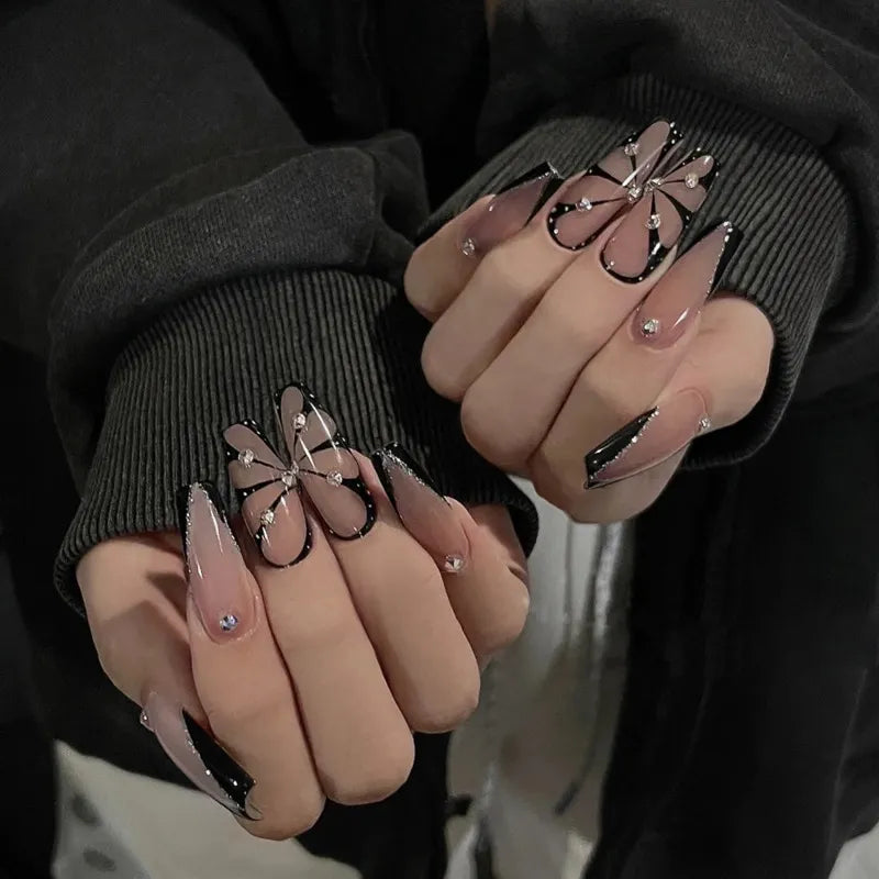 Medium Length Fake Nails 3D Flower Pearl Designs Nude Pink Color Press on Nails Ballerina False Nails for Women DIY Manicure