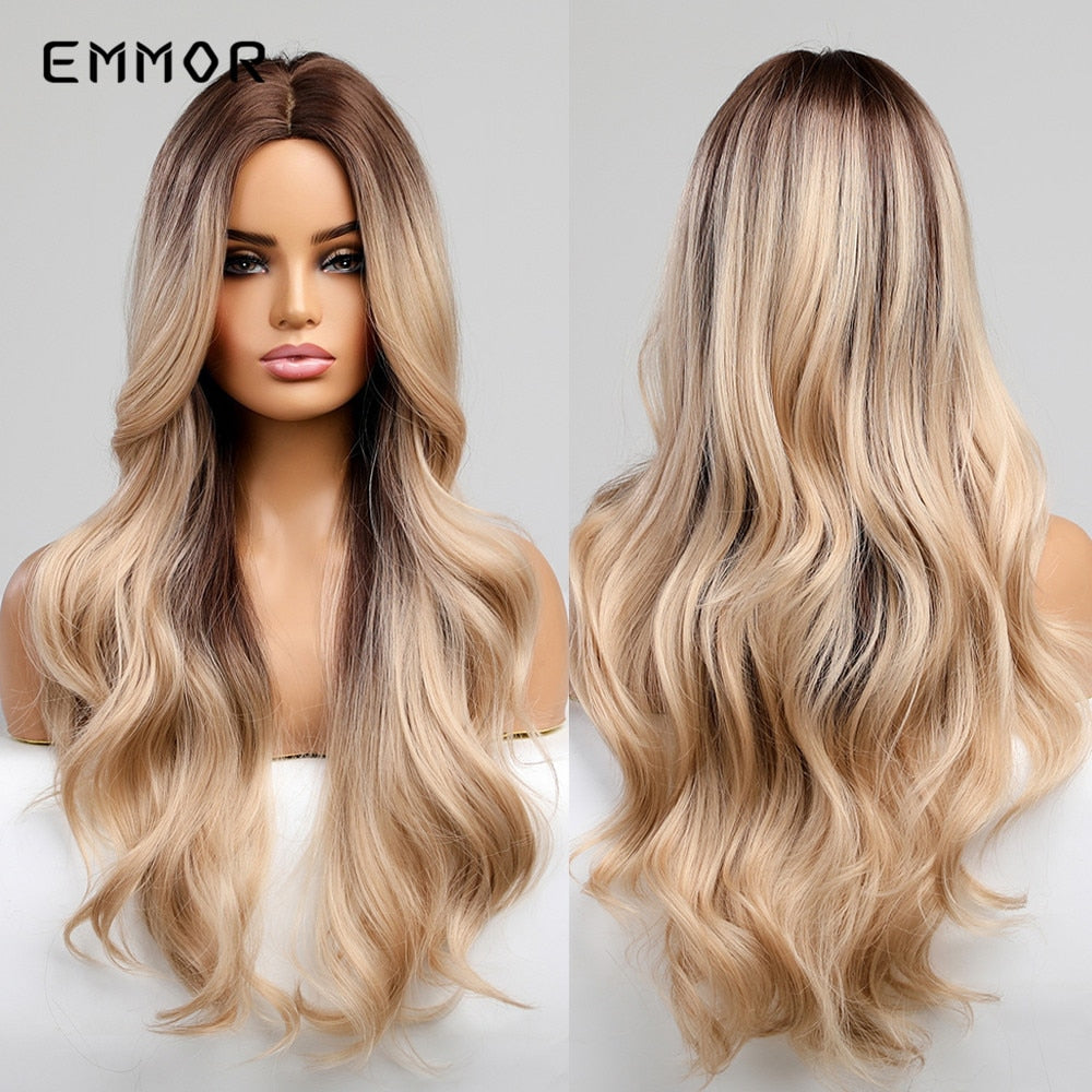 Synthetic Long Wavy Wigs with Bangs for Women Cosplay Natural Ombre Brown to Light Blonde Hair Wig High Temperature Fiber