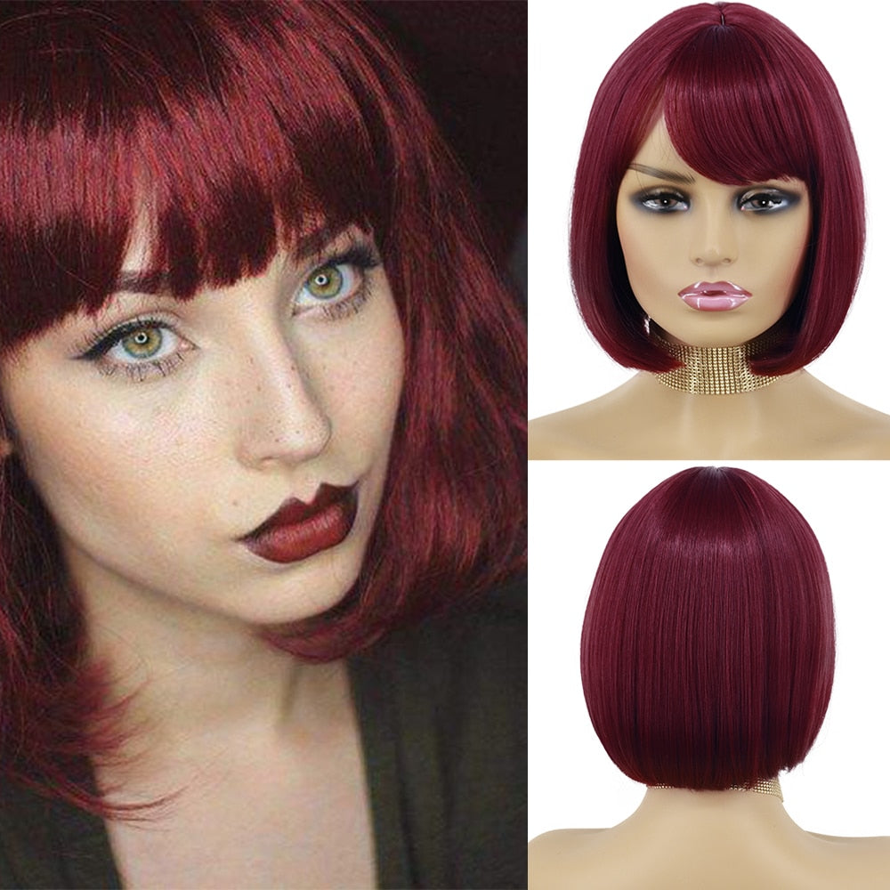 Synthetic Wigs Short Bob With Bangs For Women Ombre Black Red Blonde Pink Lolita Cosplay Party Natural Hair Roll inward