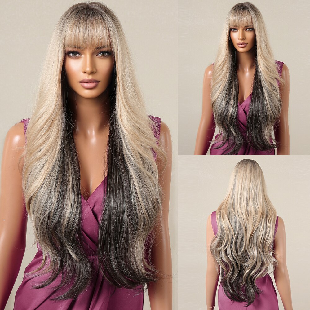 Dark Brown Synthetic Wigs with Bangs Long Wavy Golden Highlights Women's Wig Daily Cosplay Party Natural Hair Heat Resistant