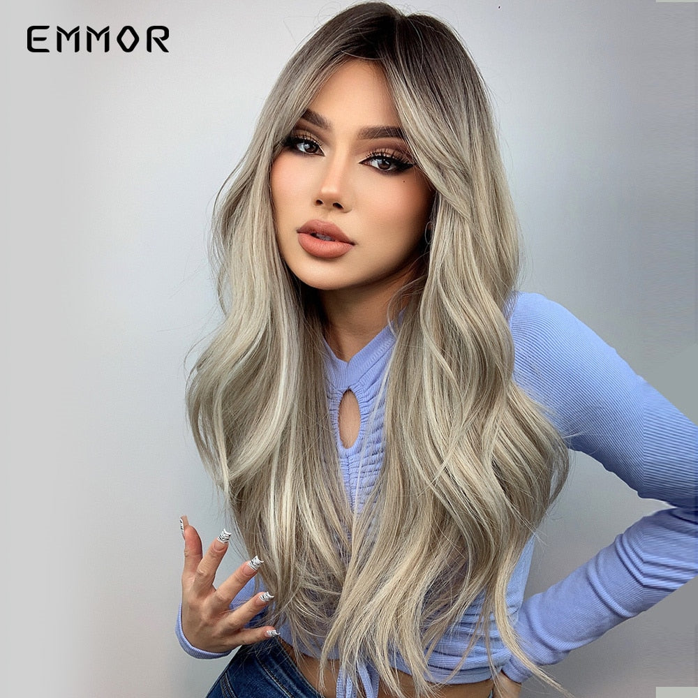 Synthetic Long Wavy Wigs with Bangs Cosplay Natural Ombre Brown to Ash Brown Hair for Women High Temperature Fiber Wig