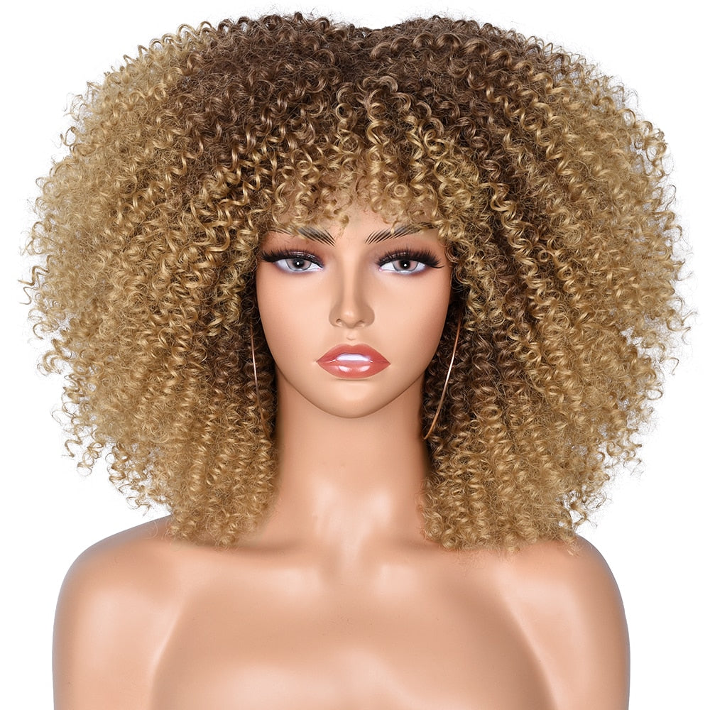 Short Afro Kinky Curly Wig With Bangs For Black Women Synthetic Natural Blonde Cosplay Wigs Glueless High Temperature Hair