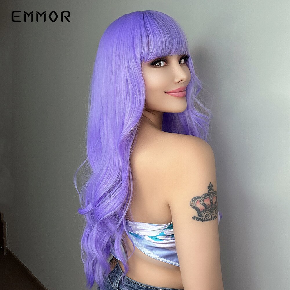 Synthetic Purple Wigs for Women Cosplay Party Lolita Wigs Bangs High Temperature Fiber Natural Long Body Wave Hair Wigs