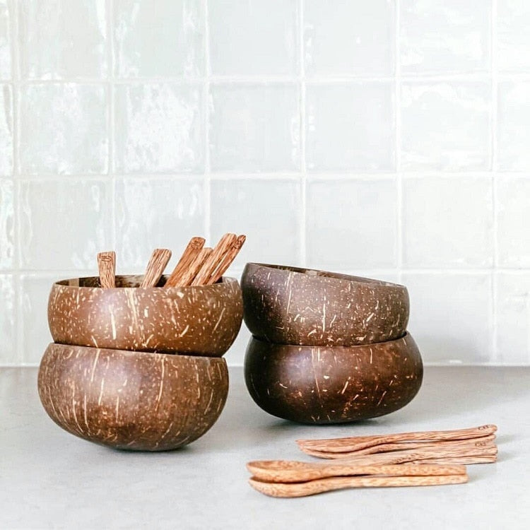 12-15cm Natural Coconut Bowl set wooden Salad Ramen bowl Coconut Wood Spoon Set coco smoothie Kitchen tableware Coconut bowl