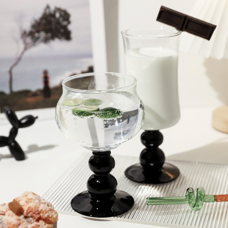 1 Piece 400ml 13oz Vintage Glass Goblet Ins Style Black Beaded Stemmed Cocktail Champagne White Red Wine Glasses Cup Stemware