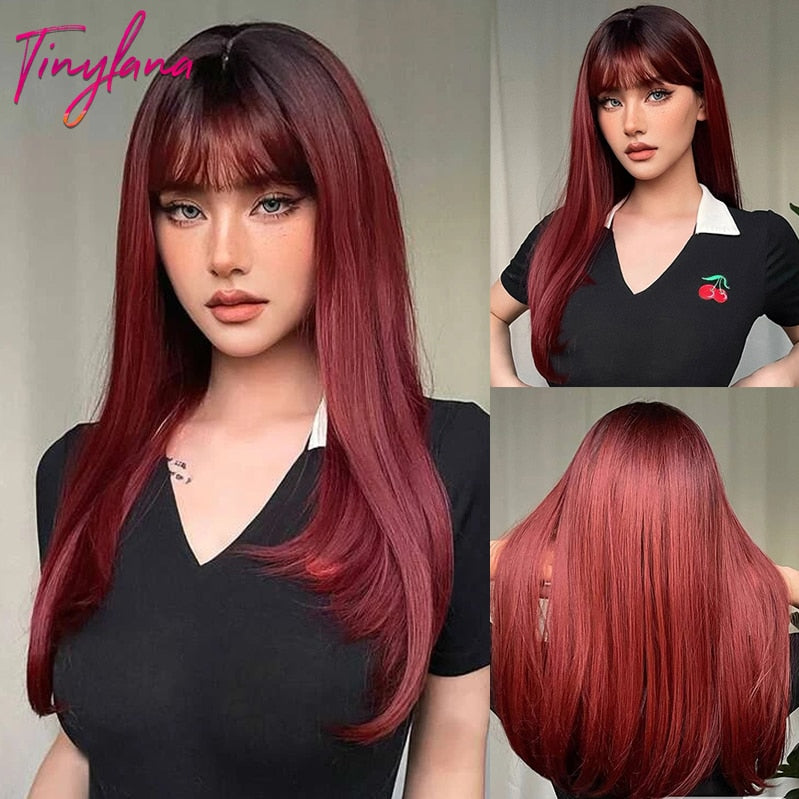 Black and Dark Red Long Straight Synthetic Hair Wigs with Bangs Cosplay Party Halloween Two Tone Wig for Women Heat Resistant