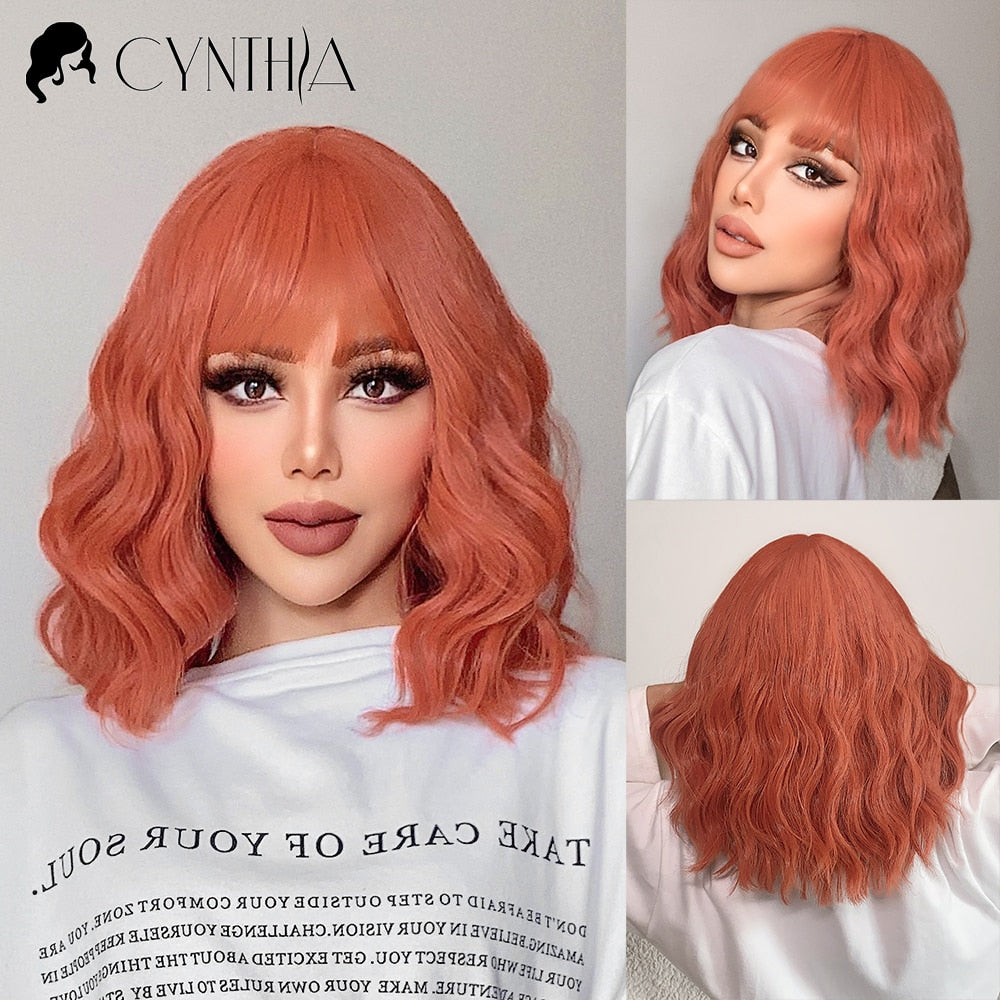 Ombre Blonde Short Bob Synthetic Wig For Women With Bangs White Gold Body Wave Cosplay Lolita Natural Heat Resistant Hair