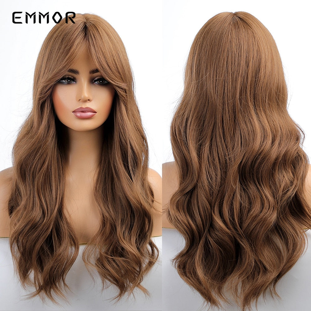 Synthetic Long Wavy Wigs with Bangs for Women Cosplay Natural Ombre Brown to Light Blonde Hair Wig High Temperature Fiber