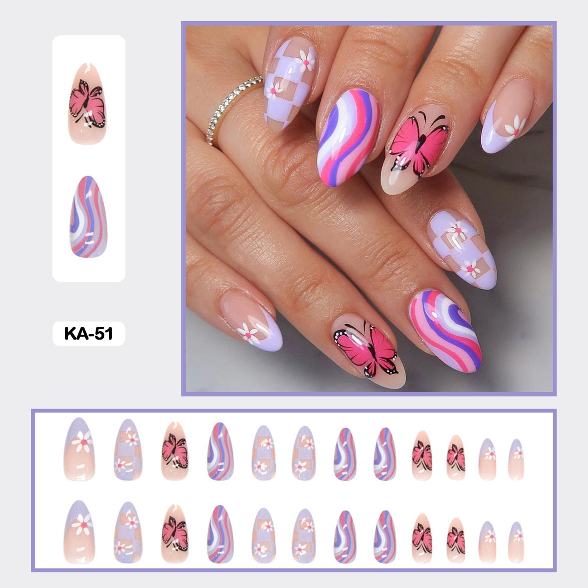 24pcs Girlish Colorful Graffiti Nail Art Fake Nails With Plants Flowers Patterns Short Press on False Nails With Wearing Tools