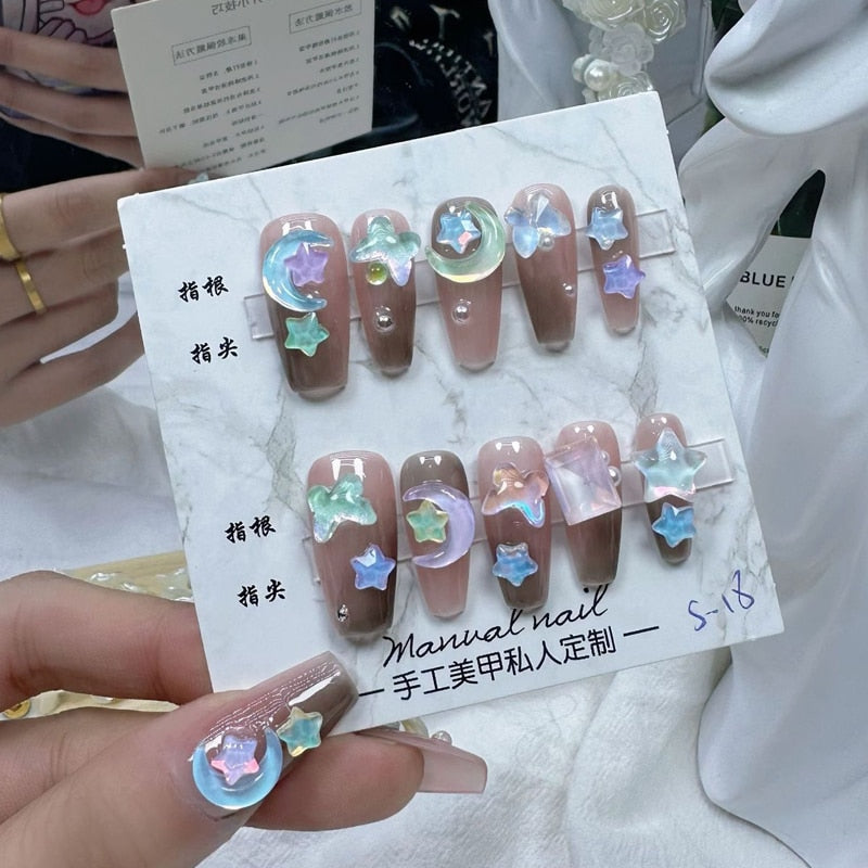 Colourful Handmade Wearing Fake Nails Blue Love Romantic Ice Translucent Colour Finished False Nail Art Removable Easy To Carry