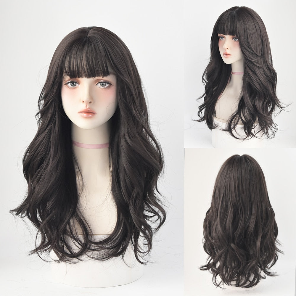 Long Curly Hair Women Wig with Bangs Daily Brown Black Pink Lolita Cosplay Braided Wigs Heat Resistant Fiber