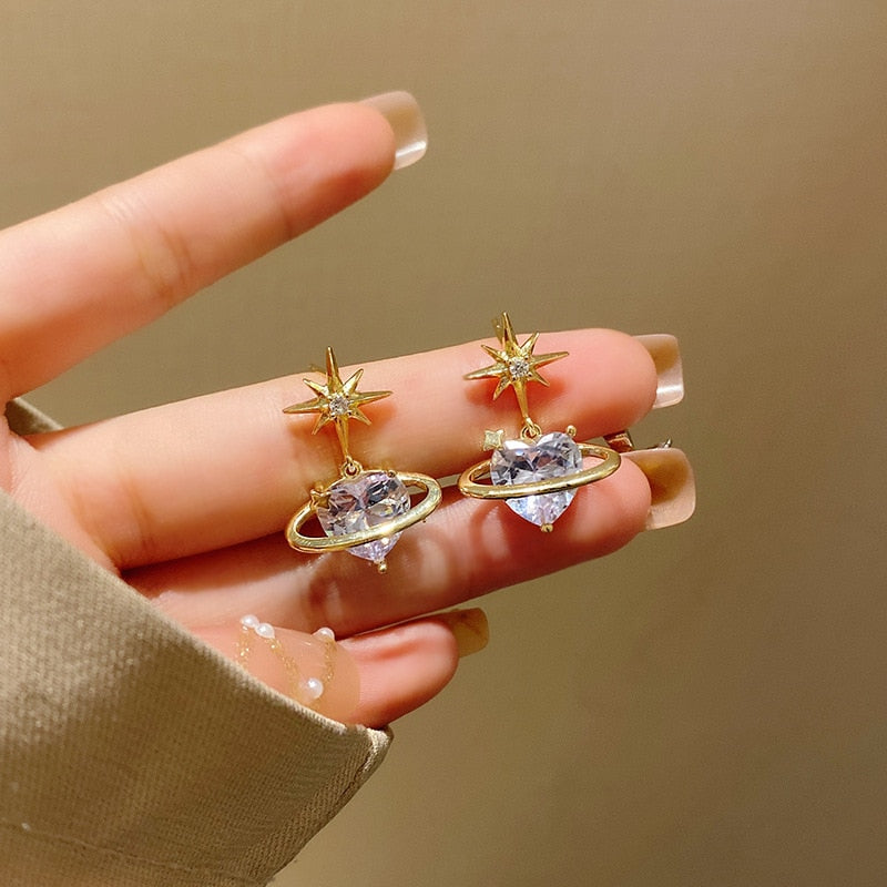 Korean Shine Six-manifold Star Earrings Women French Retro Planet Simple Design Versatile Temperament Stud Earrings Jewelry