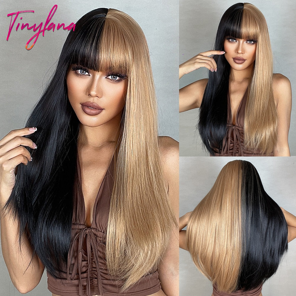 Black and Dark Red Long Straight Synthetic Hair Wigs with Bangs Cosplay Party Halloween Two Tone Wig for Women Heat Resistant