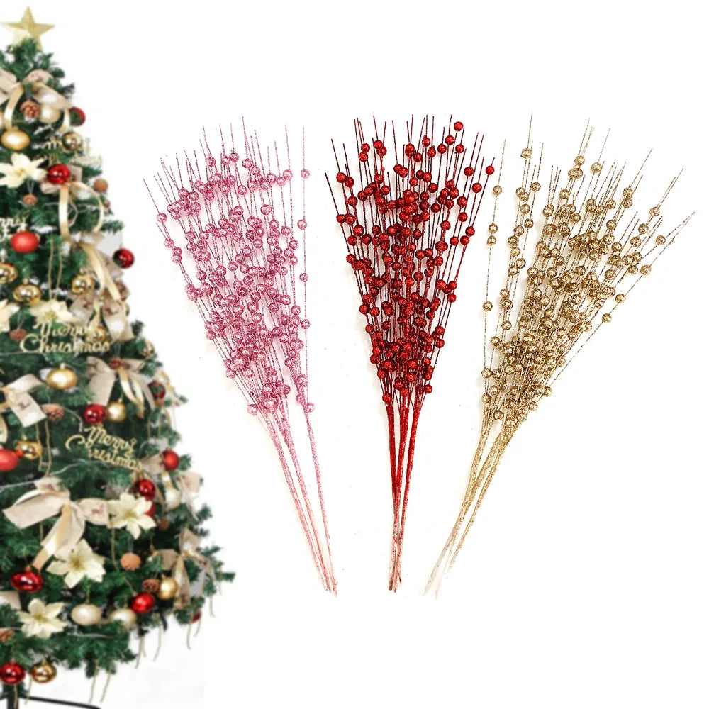 12pcs Gold Christmas Decorative Flash Artificial Berry Stem Decor for Christmas Tree DIY Wreath Fireplace Holiday Crafts Gifts