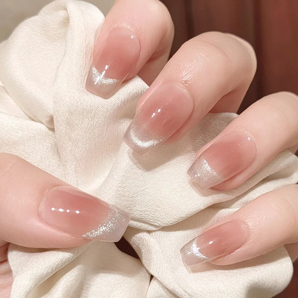 24pcs detachable Burst cat Eye French gradient Fake Nails full cover press on nails medium long artificial nails with glue