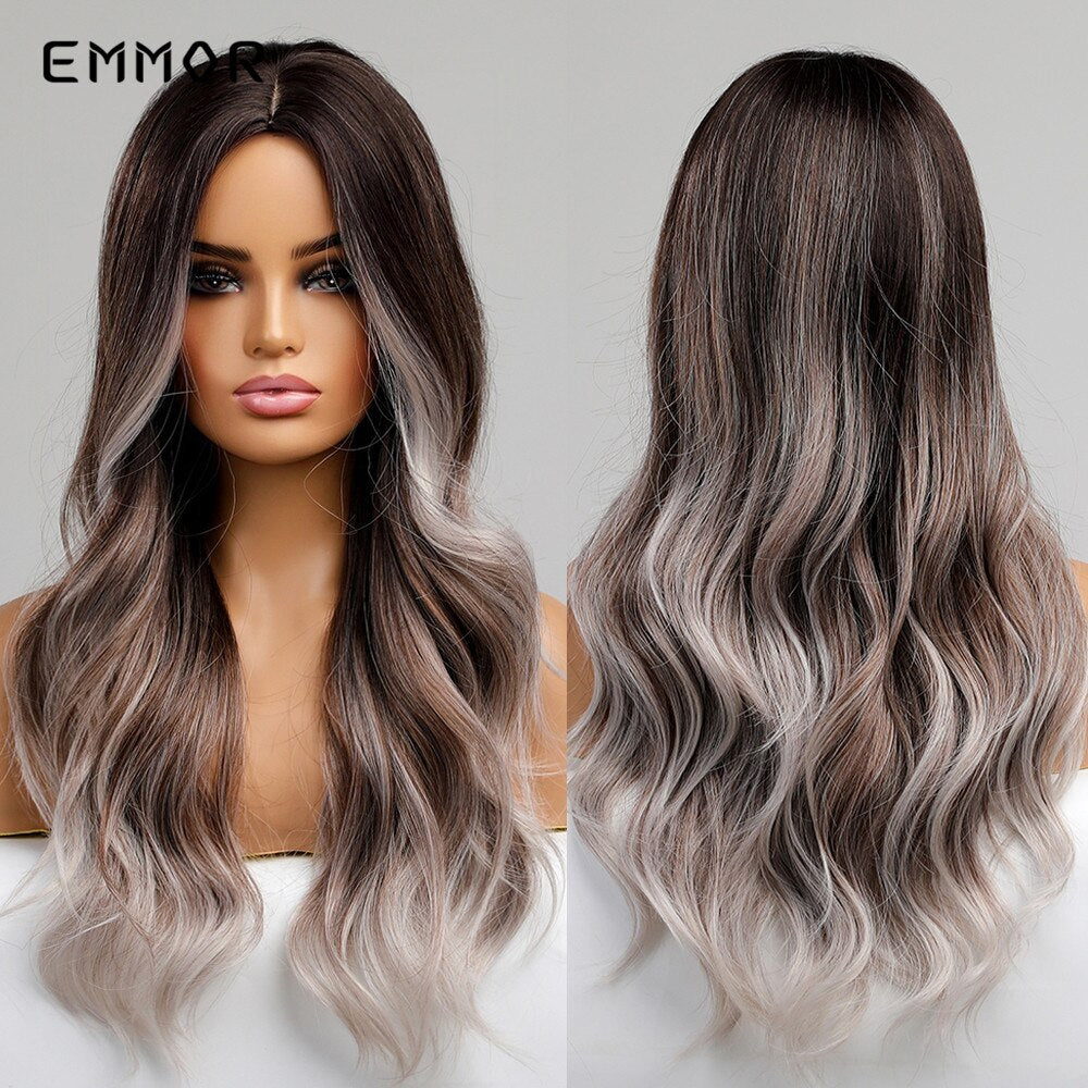 Synthetic Long Wavy Wigs with Bangs Cosplay Natural Ombre Brown to Dark Blonde Hair for Women High Temperature Fiber Wig