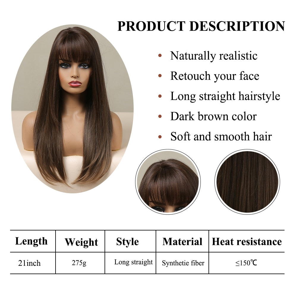 Long Straight Bangs Wigs Natural Ombre Dark Brown Synthetic Hair Wig for Women Daily Cosplay Party Heat Resistant Fiber