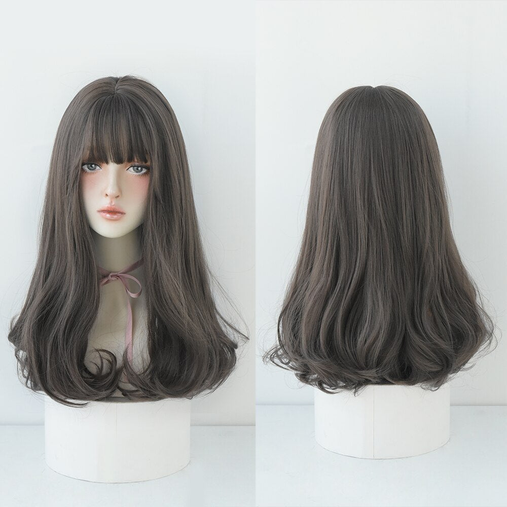 Long Curly Hair Women Wig with Bangs Daily Brown Black Pink Lolita Cosplay Braided Wigs Heat Resistant Fiber