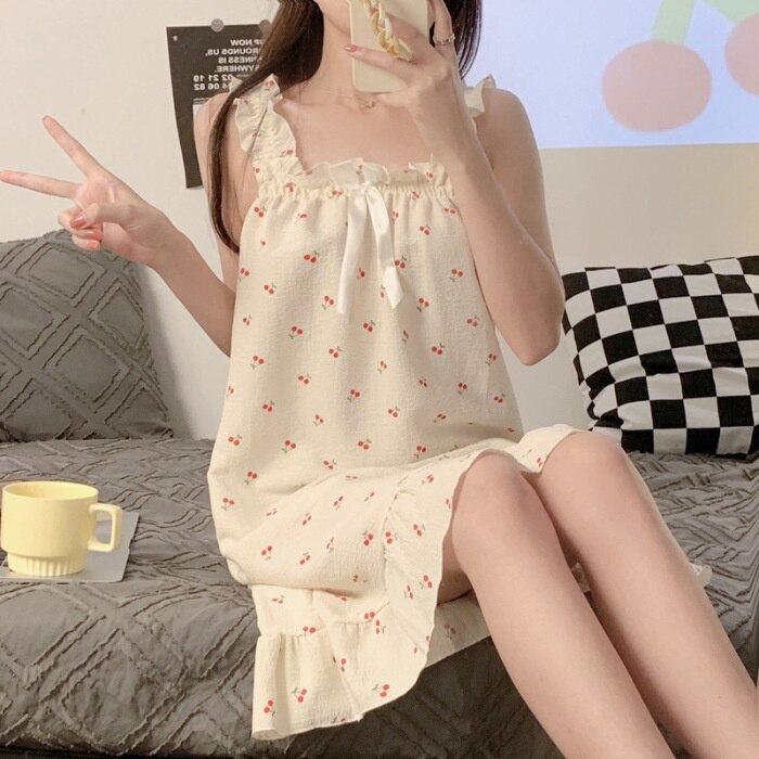 Summer Sleeveless Nightdress Women Cute Print Princess Nightgowns Sleepdress Home Dressing Gown Summer Long Sleepwear Nightwear