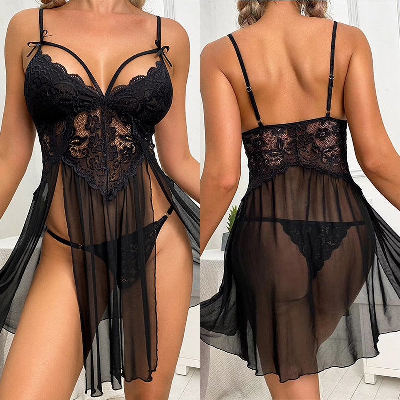 Sexy Lingerie Women Crotchless Sleepwear Pajamas Lace Dress Erotic Costumes Exotic Apparel Female Sexiest Nighties Nightgown