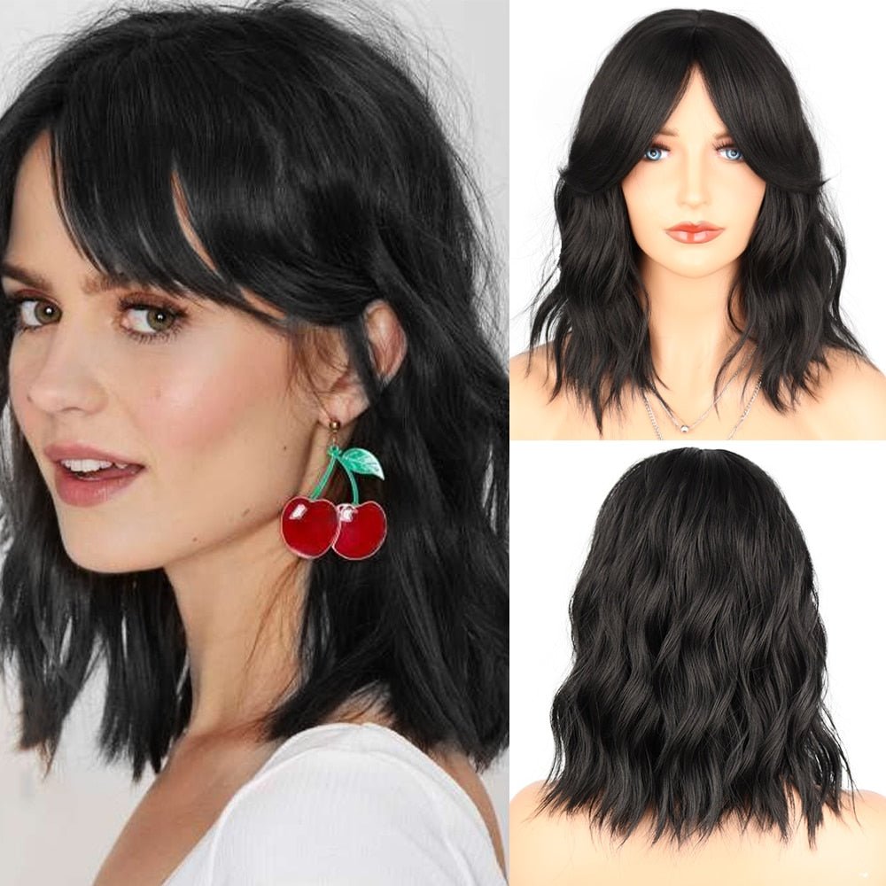 Synthetic Wigs Short Bob With Bangs For Women Ombre Black Red Blonde Pink Lolita Cosplay Party Natural Hair Roll inward