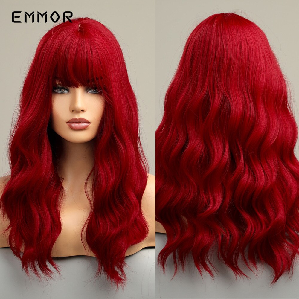 Synthetic Middle Dark Red with Bangs for Women Natural Long Water Wavy Cosplay Hairstyle Heat Resistant Fiber Hair Wigs