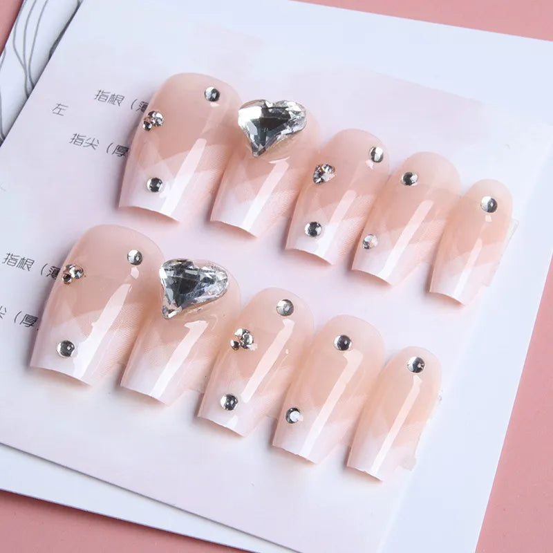 Medium Length Fake Nails 3D Flower Pearl Designs Nude Pink Color Press on Nails Ballerina False Nails for Women DIY Manicure