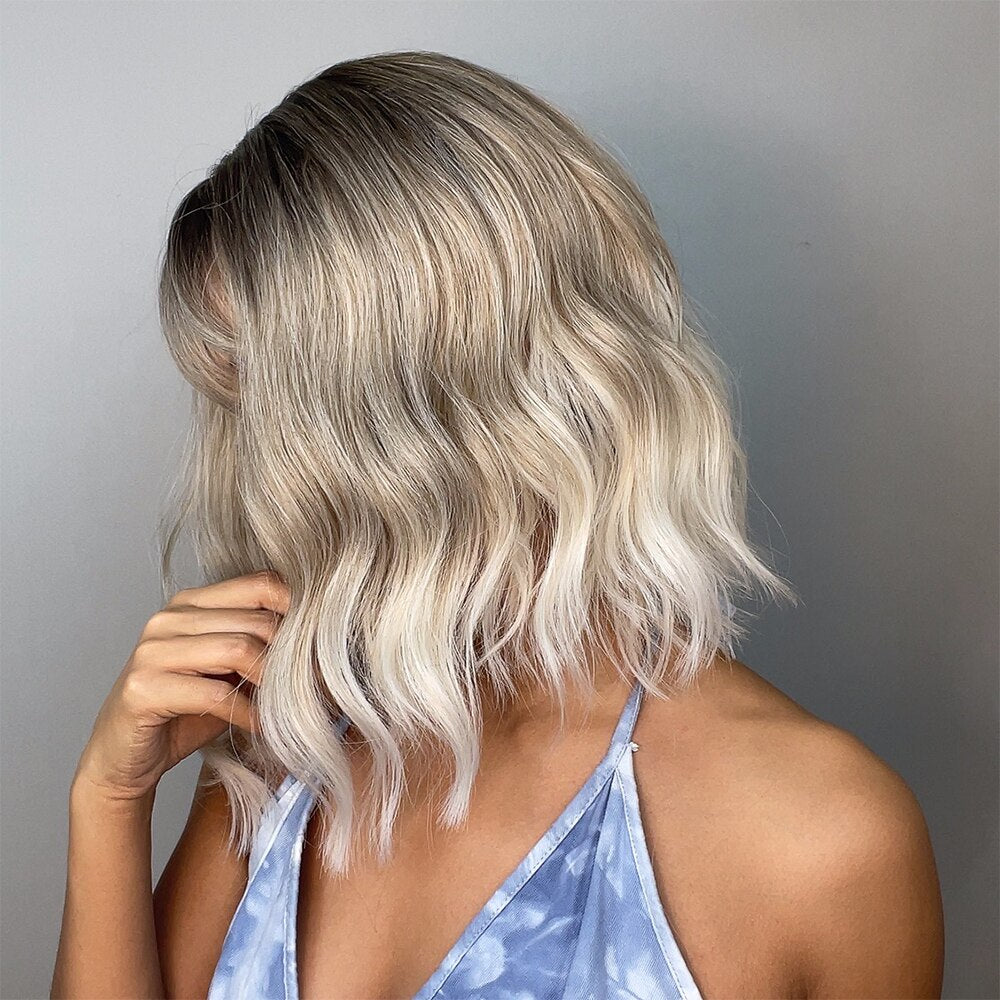Blobde Ombre Short Bob Synthetic Wavy Wig with Bangs Shoulder Length Wigs for Women Natural Cosplay Hair Heat Resistant