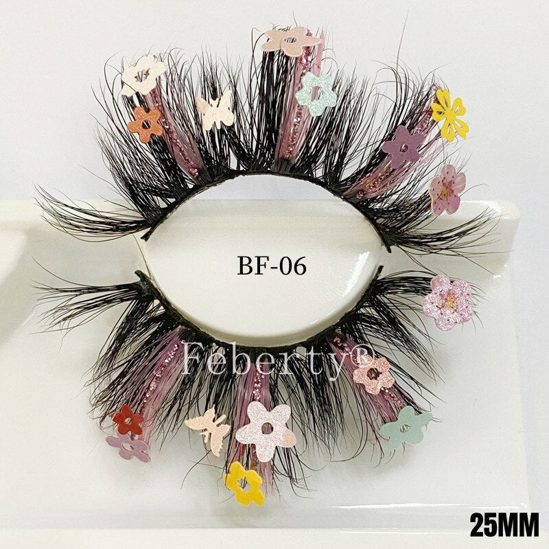 25mm 100% Mink Lashes With Butterflies or flowers glitter colored lashes Full Strip False Eyelash Butterfly Lash