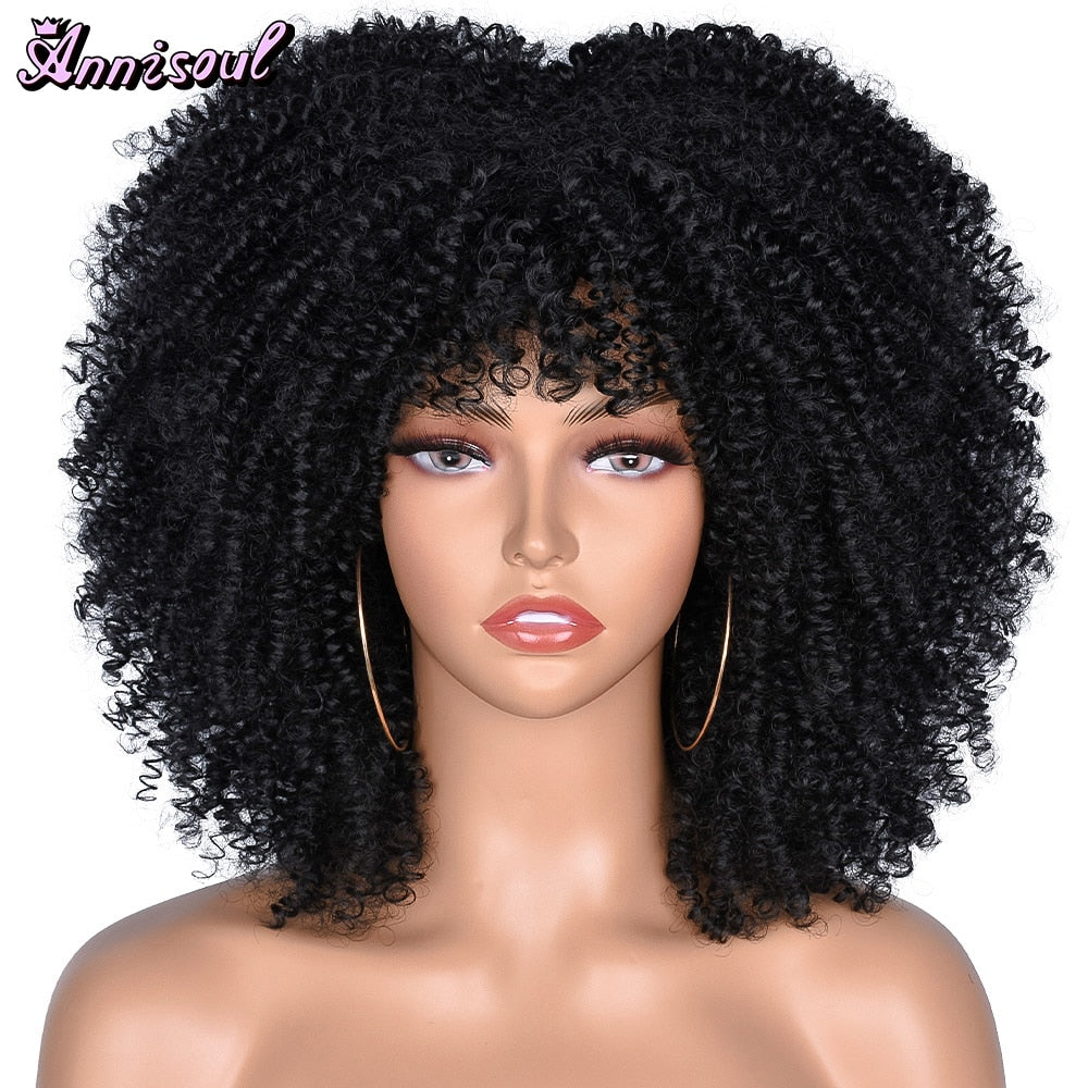 Short Afro Kinky Curly Wig With Bangs For Black Women Synthetic Natural Blonde Cosplay Wigs Glueless High Temperature Hair