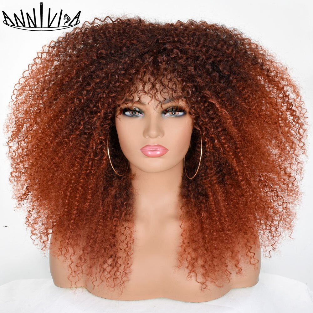 Short Hair Afro Kinky Curly Wigs With Bangs for Black Women Synthetic Ombre Glueless Cosplay Natural Brown Black Pink