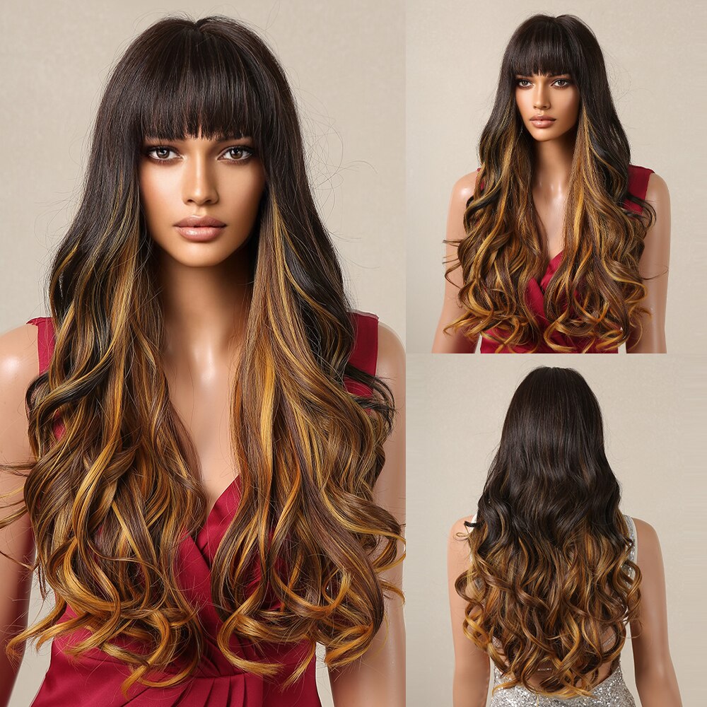 Dark Brown Synthetic Wigs with Bangs Long Wavy Golden Highlights Women's Wig Daily Cosplay Party Natural Hair Heat Resistant